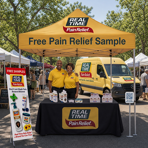 Real Time Pain Relief vendor booth offering free pain relief samples